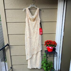 Karen Stevens Maxi Dress Chiffon Overlay Nude Tan Floral Beaded 12 New scarf